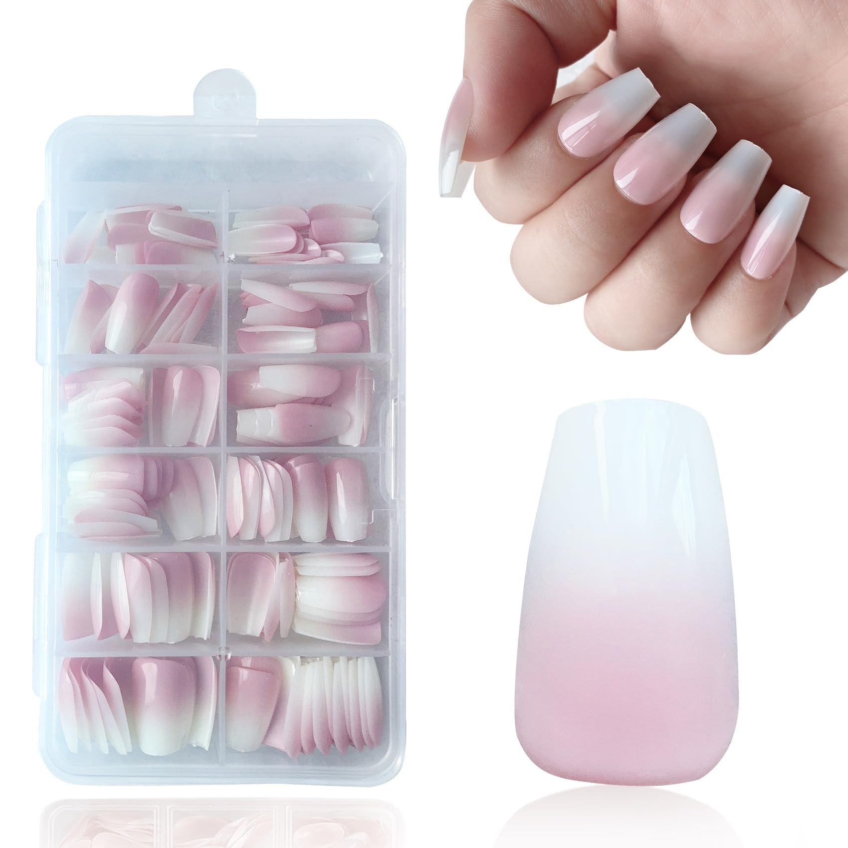 SanFangyue 168Pcs French False Nails - Press on Nails - Full Cover False Nails Square Stick on Nails - French Medium Square Acrylic False Nails (Squre Gradient Pink)