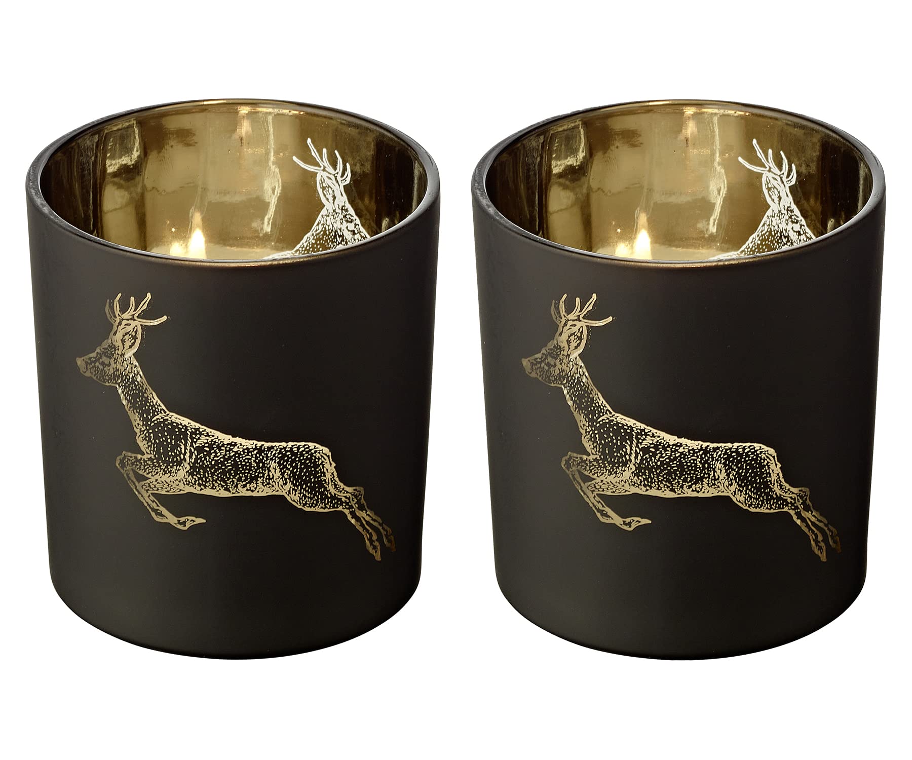 EDZARD Set of 2 Tealight Glasses Sammy, Stag Motif, height 8 cm, diameter 7 cm, outside black, inside gold coloured