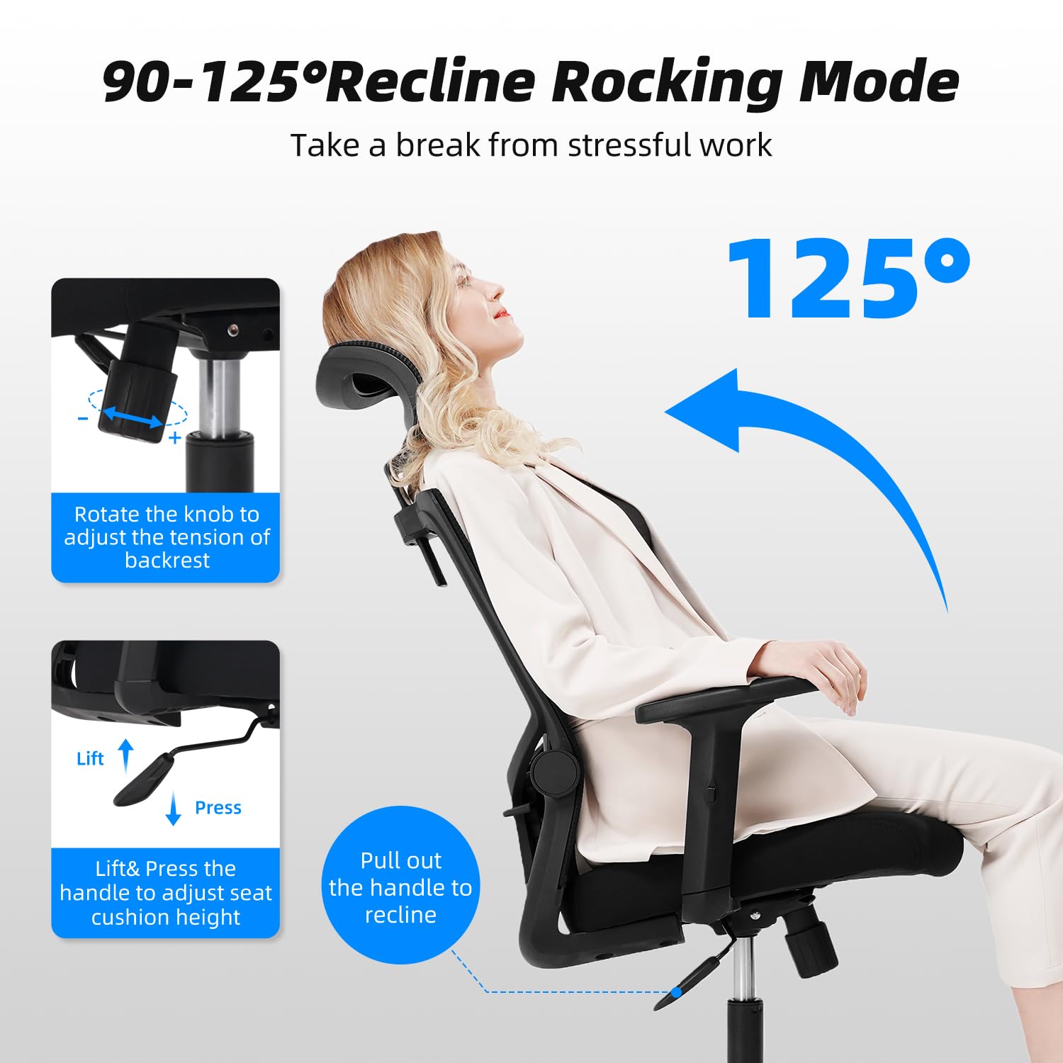 Daccormax Bürostuhl Ergonomisch, Schreibtischstuhl mit Verstellbarer Kopfstütze, Armlehnen, Lendenwirbelstütze, Drehstuhl Wippfunktion, Chefsessel aus Mesh,Rückenschonend, Bürostuhl 150kg 5