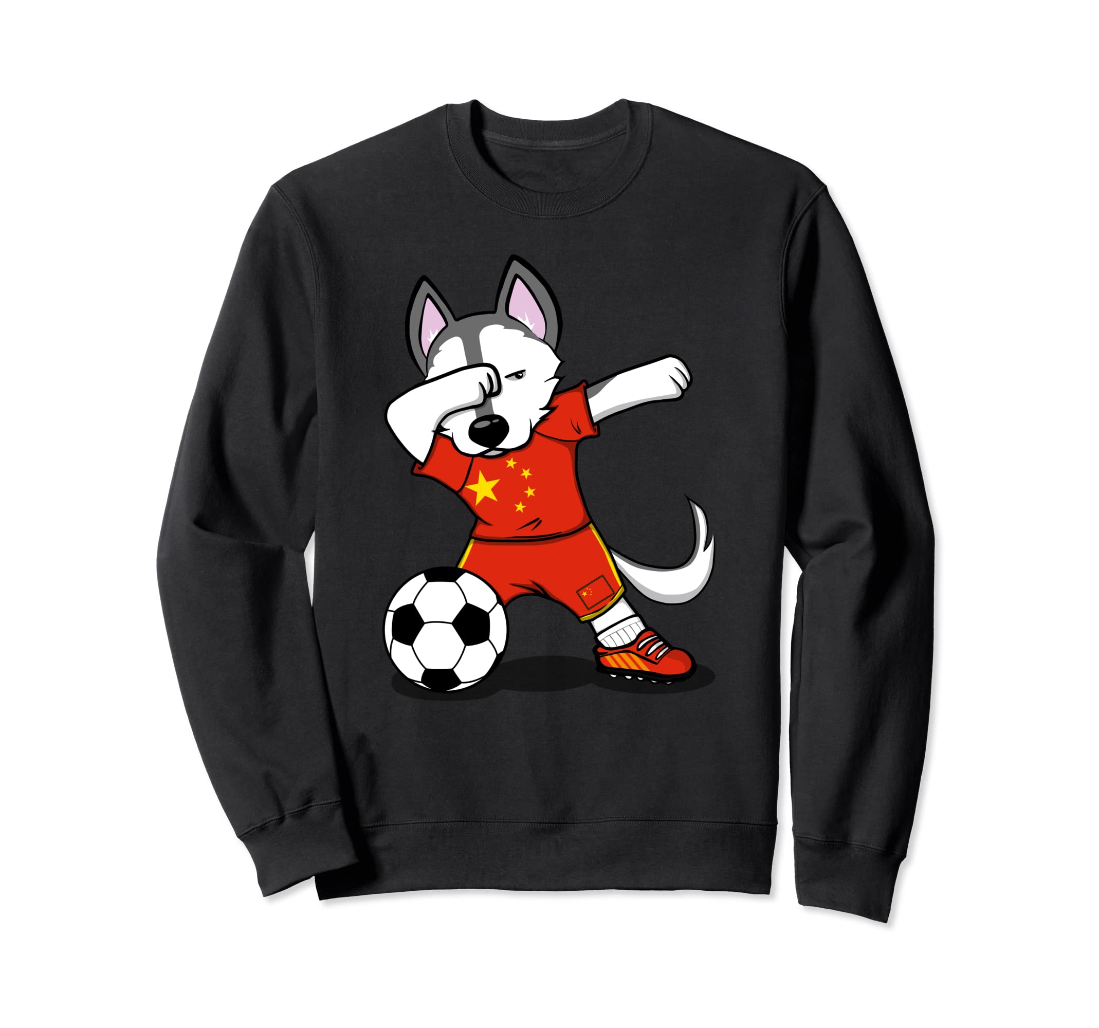 Funny Dabbing Husky Dog China Football - Chinese Flag Soccer Sweatshirt