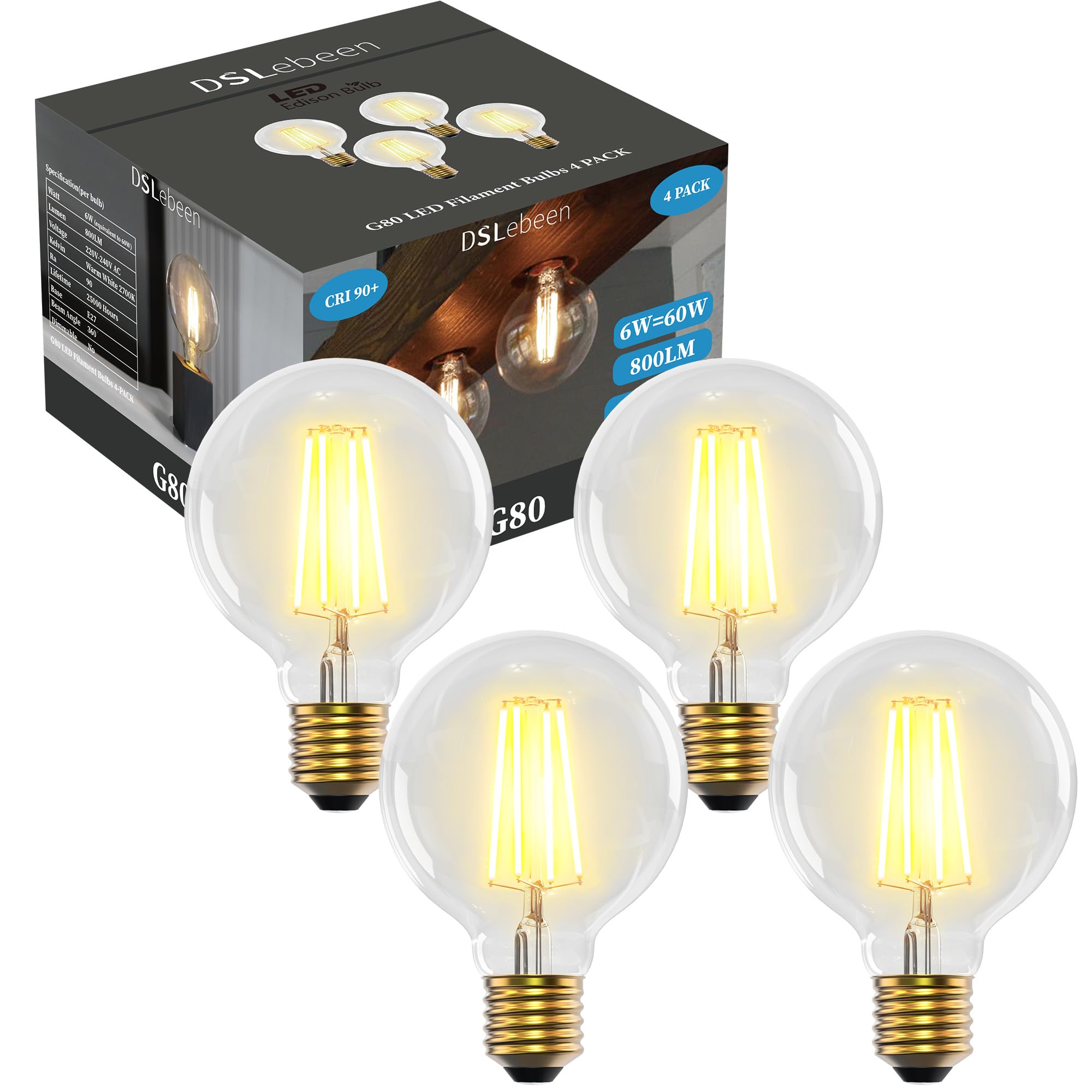 DSLebeen E27 LED Light Bulbs, G80 Edison Screw Bulb 800lm 6W Decorative Vintage Filament Lighting Clear Globe Glass CRI 90+ Warm White 2700K Non-Dimmable 4 Pack
