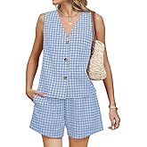 PEHMEA 2 Piece Sets for Women Summer Outfits 2025 Sleeveless V-Neck Gingham Vest and Shorts for Beach Vacation Travel