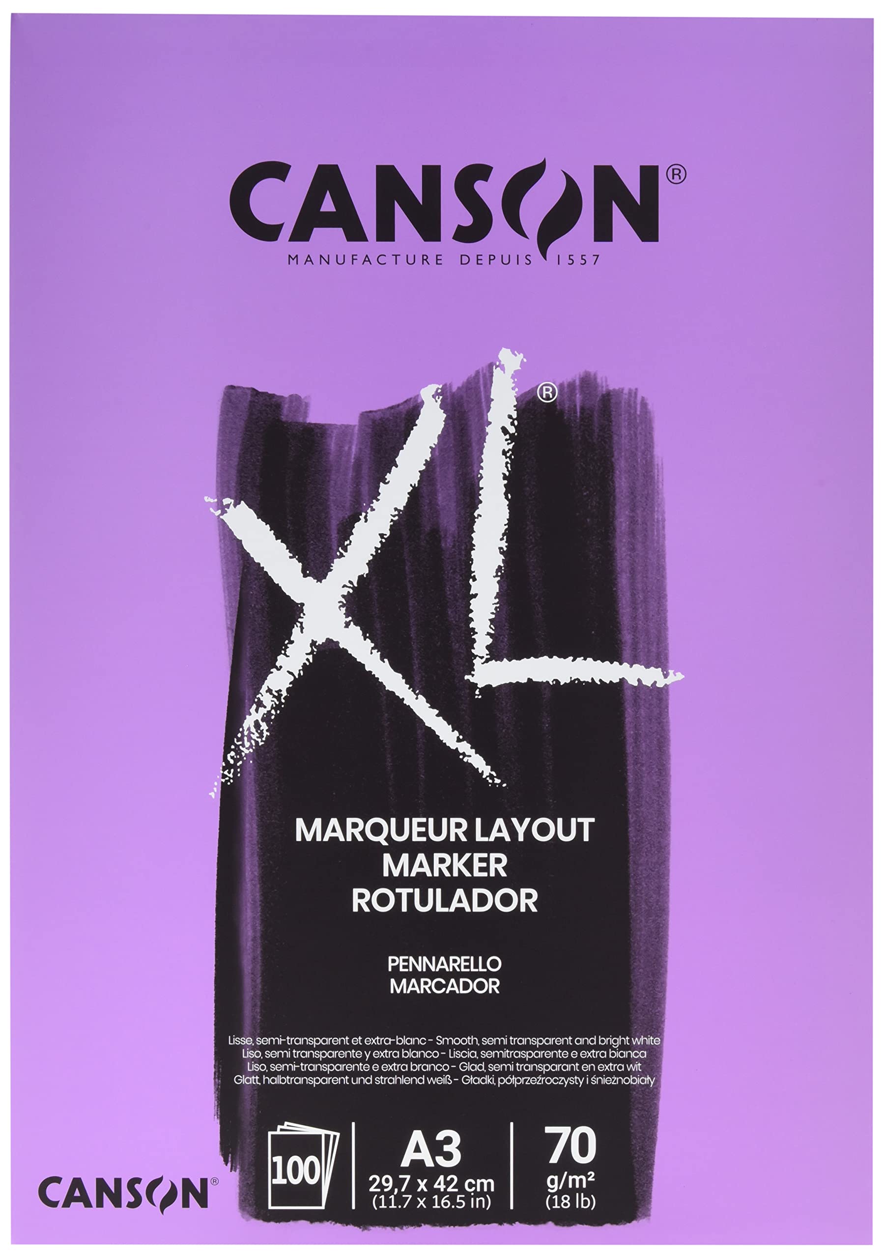 CANSON XL Marker 70gsm A3 Paper, Very Smooth, Pad Glued Short Side, 100 Extra White Sheets, For Professional Artists & Illustrators