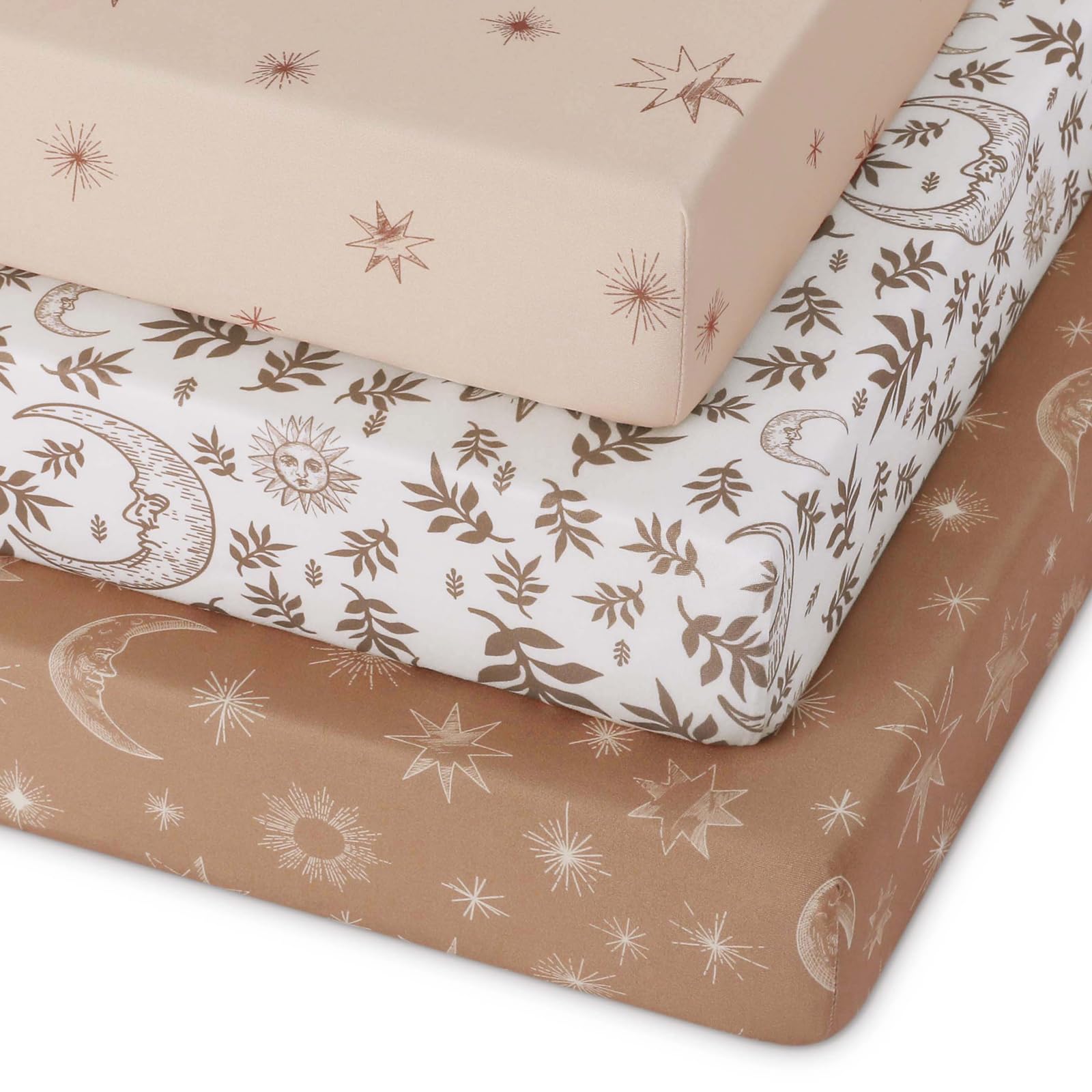 Photo 1 of Unnivoll Pack and Play Sheets Fitted 3 Pack, Mini Crib Sheets for Pack N Play Mattress Stretchy Portable Playard Sheets, Soft Breathable White Brown Sun God