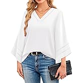 Lotusmile Women Fashion V Neck Chiffon Blouses 3/4 Bell Sleeve Shirts Casual Dressy Work Tops