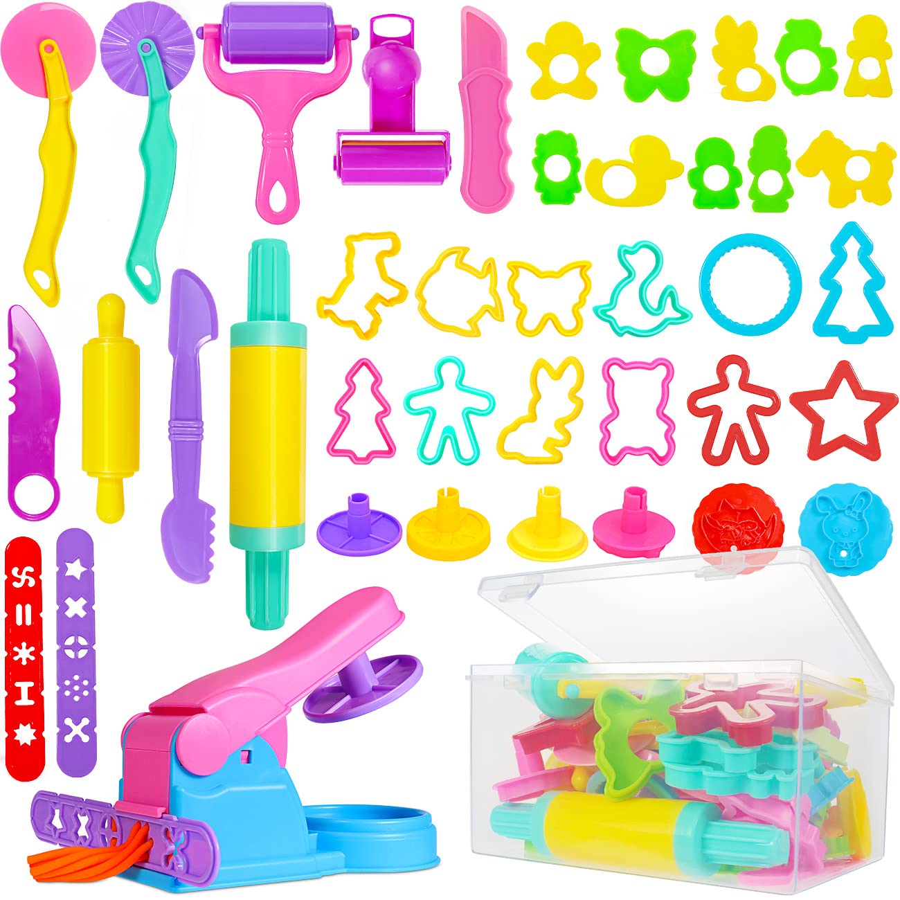 Jiosdo Dough Tools and Cutters, 40 Pcs Kids Toddlers Modeling Clay Tools Set, Plastic Accessories Extruders Rollers Molds with Storage Box, Creation Educational Toy Gift Set — image 1