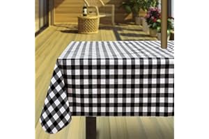 Hipinger Vinyl Rectangle/Oblong Tablecloth with Zipper and Umbrella Hole, Outdoor Oil Waterproof Stain Resisteant PVC Table Cover, Picnic and Patio 60 Inch by 84 Inch, White and Black Checkered