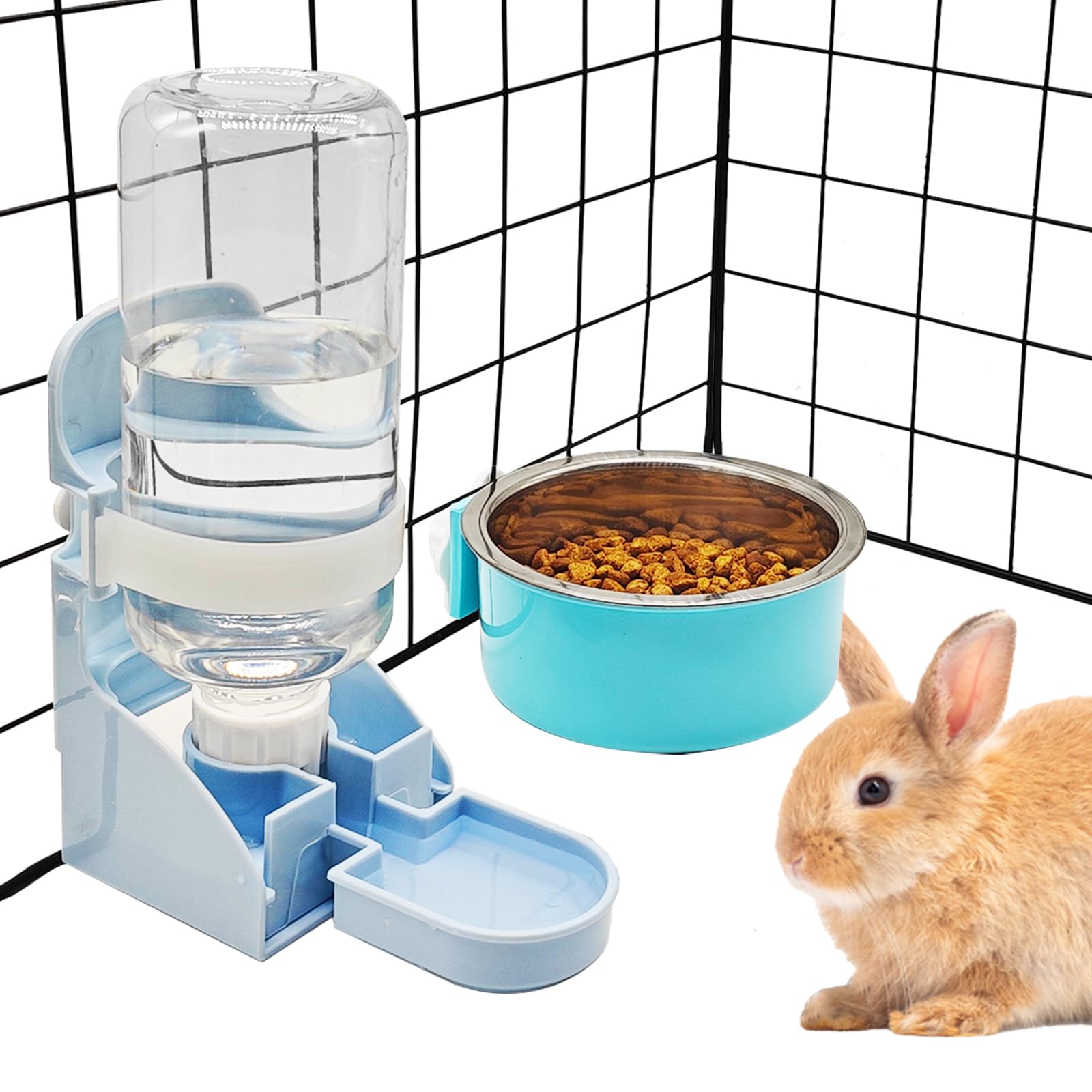 Photo 1 of Rabbit Water Bottle Ferret Food Bowl Bunny Water Dispenser Stainless Steel Food Dish Hanging Drinking Fountain Drinker Feeder Crate Bowl Feeder Cup for Guinea Pig Hedgehog Chinchilla