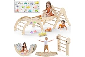 KIDSBUDDY Pikler Triangle Set with Cushion 9 in 1 Foldable Montessori Climbing Toys for Toddlers 1-3 Indoor Wooden Kids Playground Baby Climbing Toys with Maze Toys, Shape Sorter Toys, Car Toys