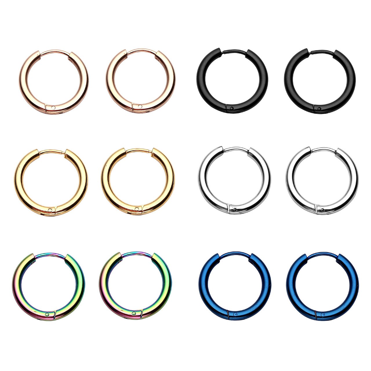 JSDDE 6pcs Boucle d\'Oreille Set Unisex Anneau Tube Circulaire Acier Inoxydable Or Rose Bleu Multicolore Or Argent Noir 14mm