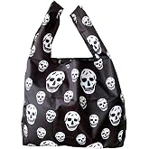 Mazeology Gothic Skull Pattern Reusable Shopping Tote Bag, Black with White Skulls, Foldable Ripstop, Heavy Duty 44 lb Capacity, Machine Washable, X-Large with Pouch