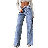Astylish Womens High Waisted Raw Hem Jeans Stretchy Wide Leg Frayed Straight Denim Pants