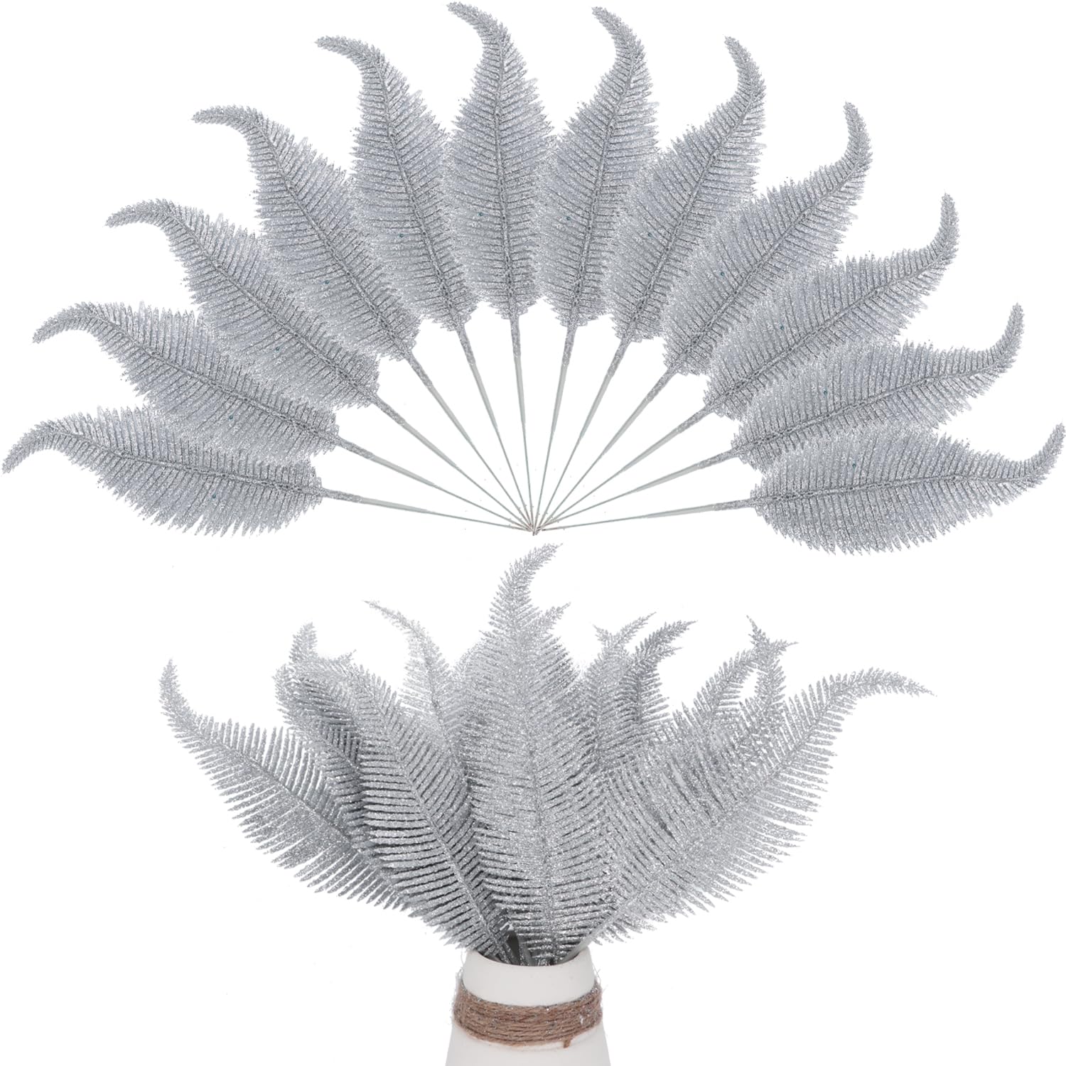 Kunjocy 12 Pieces Christmas Tree Feathers Decorations Artificial Glitter Leaves Picks Christmas Giant Baubles Ornament for DIY Accessories Christmas Tree Flower Arrangements Wreath Garland (Silver)