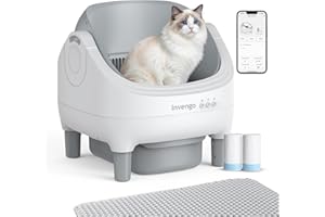 Invengo Automatic Cat Litter Box Self Cleaning, App Control, Open-Top Automatic Litter Box with Safety Sensors, Ultra-Quiet, 10L Waste Bin with Odor Control, 2 Rolls of Garbage Bags, LightGrey
