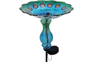 John's Studio Peacock Bird Bath for Outdoor - Glass Bowl Solar Light Cage Outside Dish Bird Feeder with Metal Stake for Garden, Yard and Patio - 32 inches