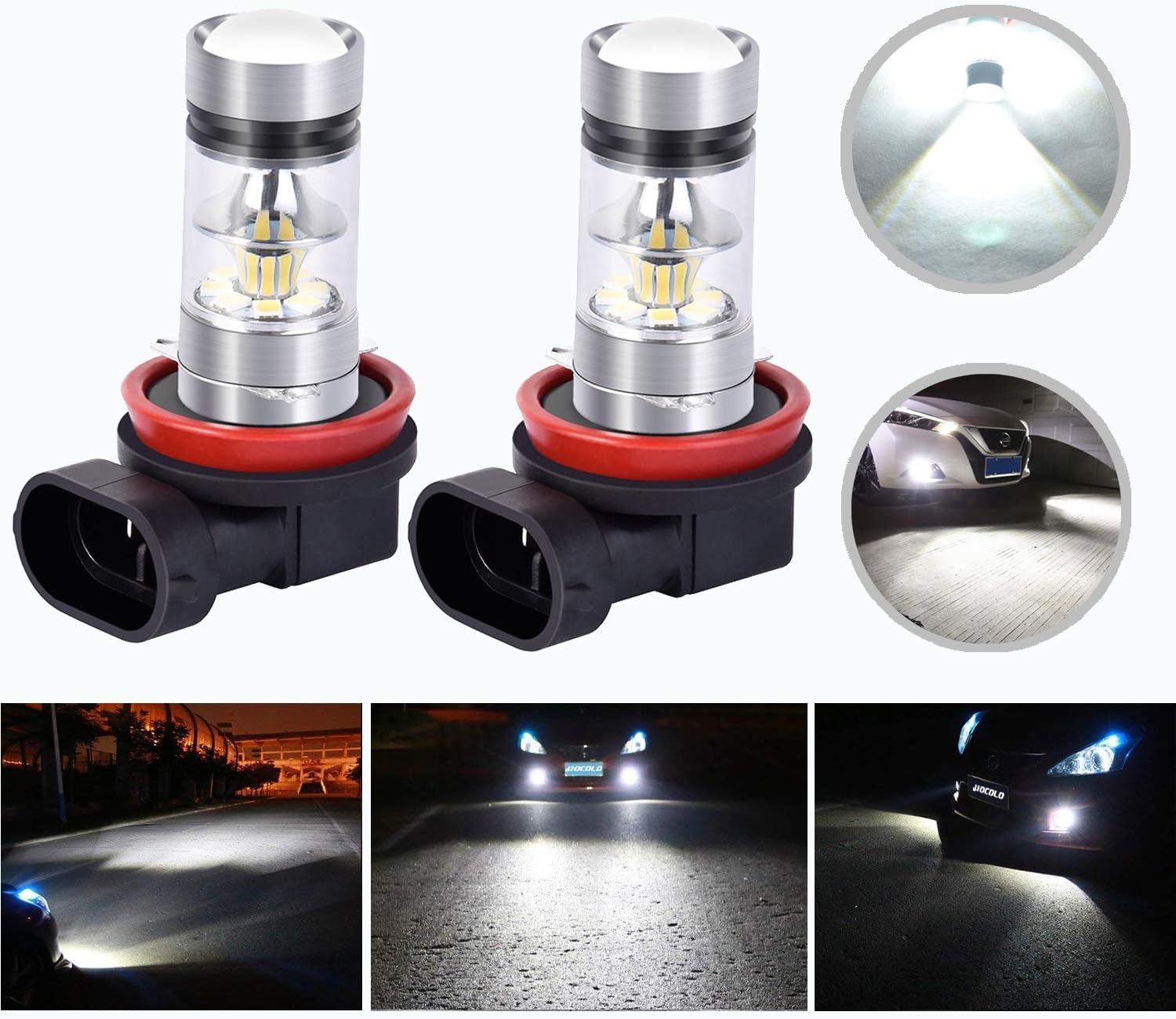HOCOLO H8 H9 H11 H16(H16 Only fit Japanese Car!) LED Fog Driving Light LED Replacement 6000K Xenon White 2000 Lumens High Power Lamp Bulbs Replacement w/Projector (Set of 2) (H8/H11-100W, Light White)