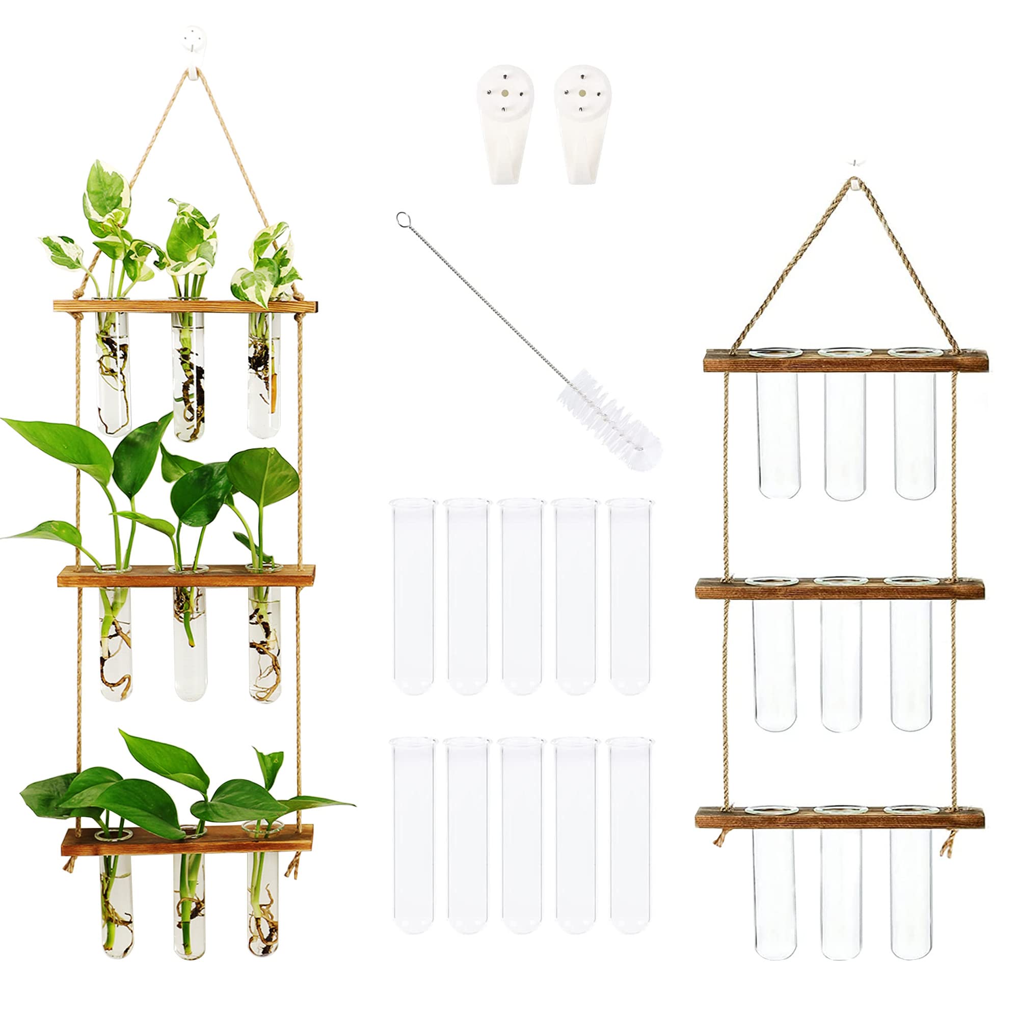Woohome Wall Hanging Planter Terrarium with Wooden Stand, 3 Tiered Retro Glass Planter Mini Test Tube Plant Terrarium for Home Garden Office Decor