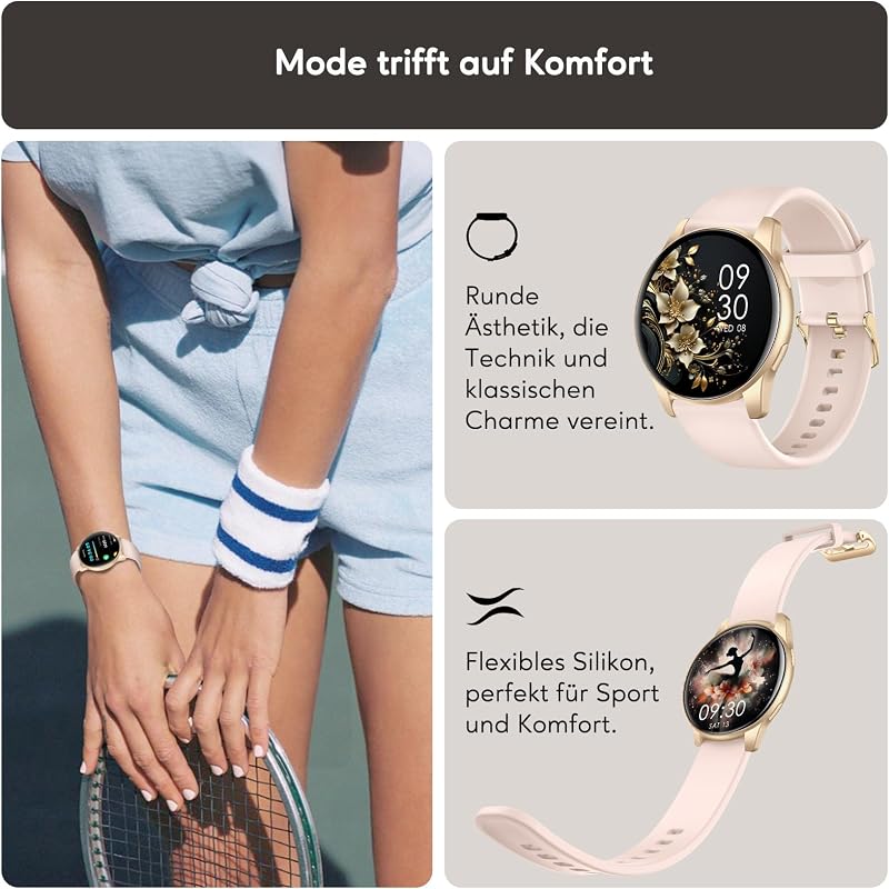 Smartwatch Damen Herren, 1.38 Zoll HD-Display Smart Watch mit Bluetooth Anrufe, Fitness Tracker mit Herzfrequenz SpO2 Schlafmonitor Schrittzähler, IP68 Wasserdicht Fitnessuhr für iOS Pink