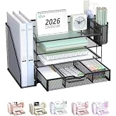 WALI Desk File Organizer, 4 Tier Desktop Paper Letter Tray Organizer with Drawer and 2 Pen Holders, Office Desk Accessories &amp; Workspace Organizers for Office, Home Supplies(DO005DH-B), 1 Pack, Black