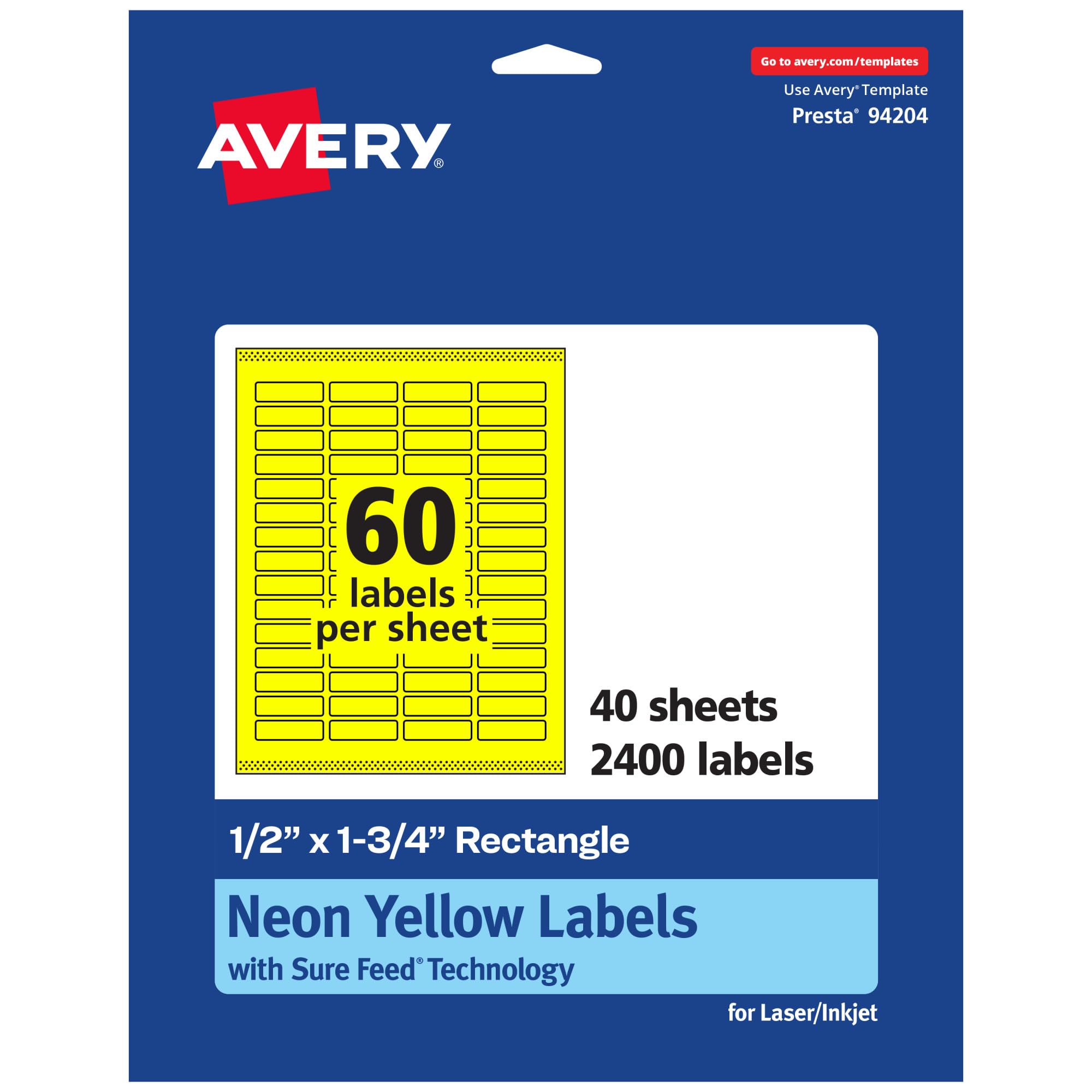 Avery Printable Rectangle Labels, Sure Feed Technology, 1/2″ x 1-3/4″, Neon Yellow Labels, Print-to-The-Edge, Laser/Inkjet Printable, 2,400 Total, Great for Jars and More