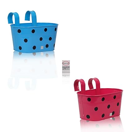 Pepper Agro Gardening Railing Balcony Planter Decorative Polka Dotted Hanging pots Metal Plant Container Assorted Colours Set of 2