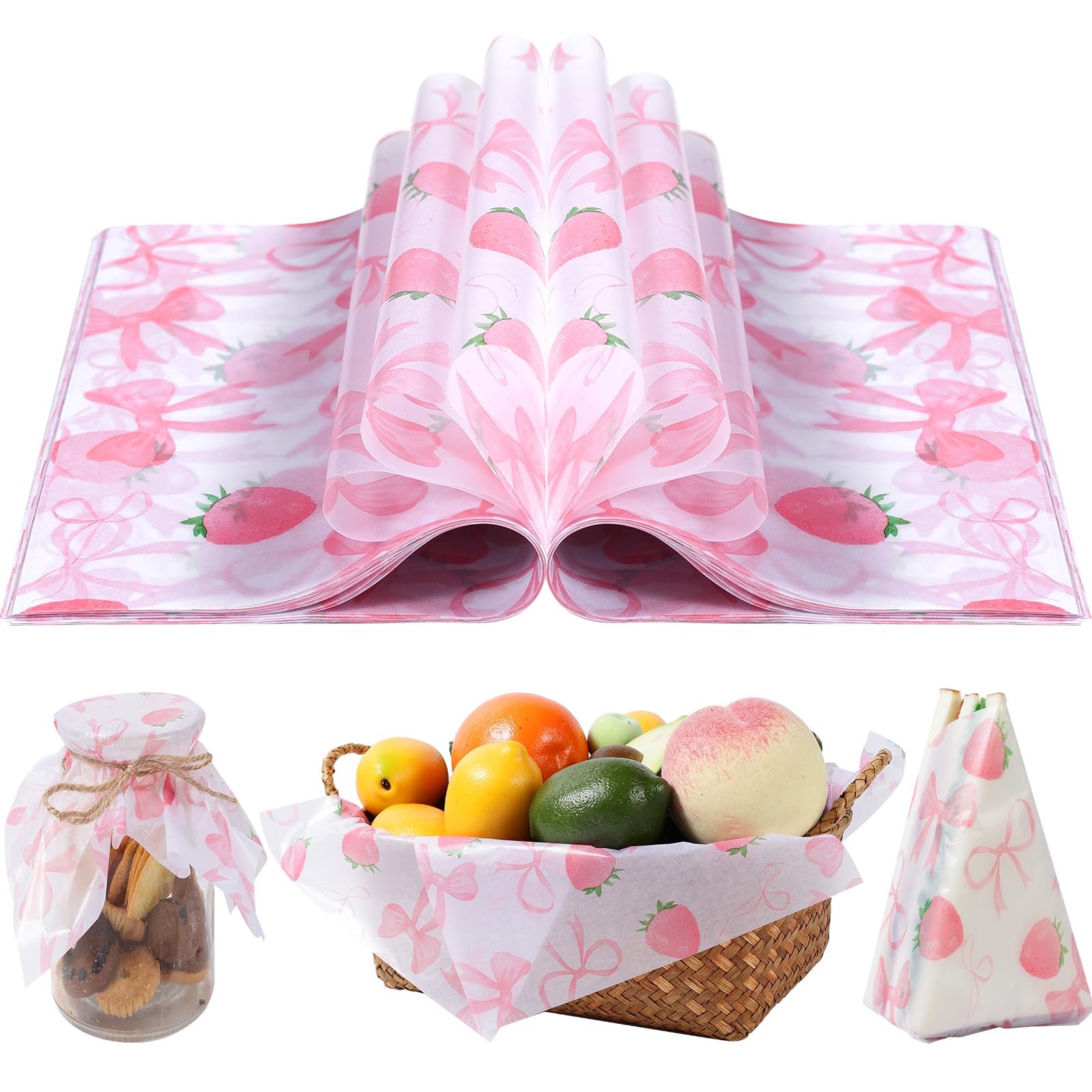Photo 1 of 150 Pcs Pink Bow Strawberry Wax Paper Sheets for Food Deli, 9.8 x 8.3 inch Pink Bow Strawberry Greaseproof Wrapping Paper for Sandwich Picnic Basket Liner Birthday Shower Party Supplies