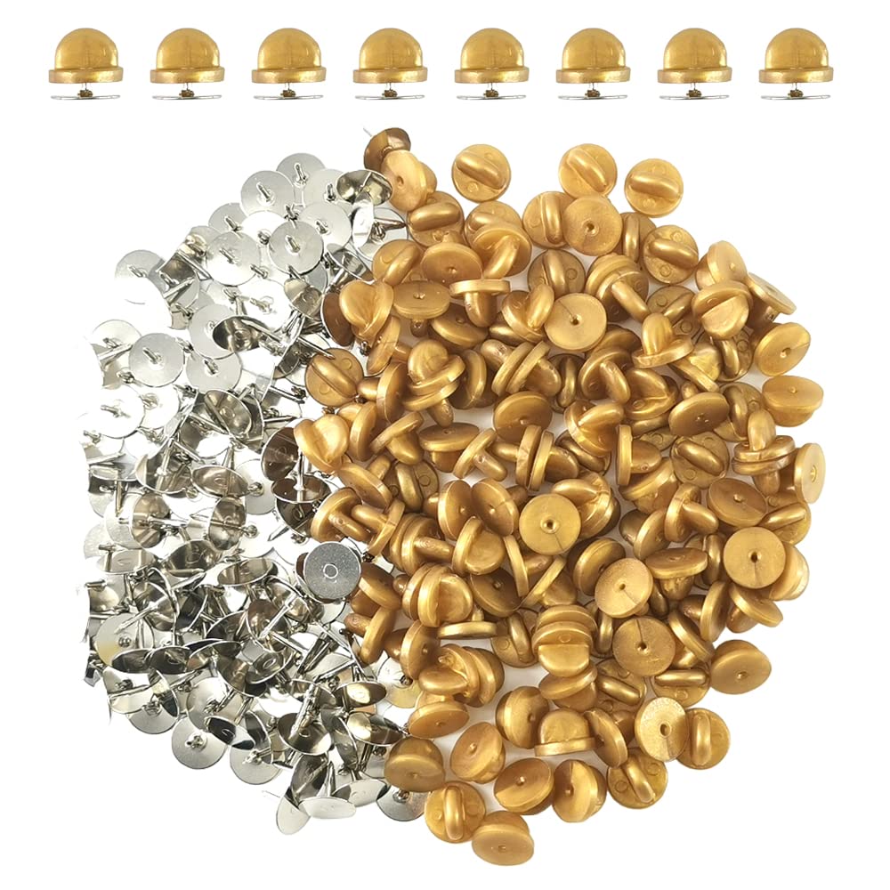 Ruidee 200 Pieces/100 Set Rubber Pin Backs with Tie Tacks Blank Pins, PVC Rubber Pin Back for Uniform Badges Backing Holder Clasp Lapel Pin(Gold)