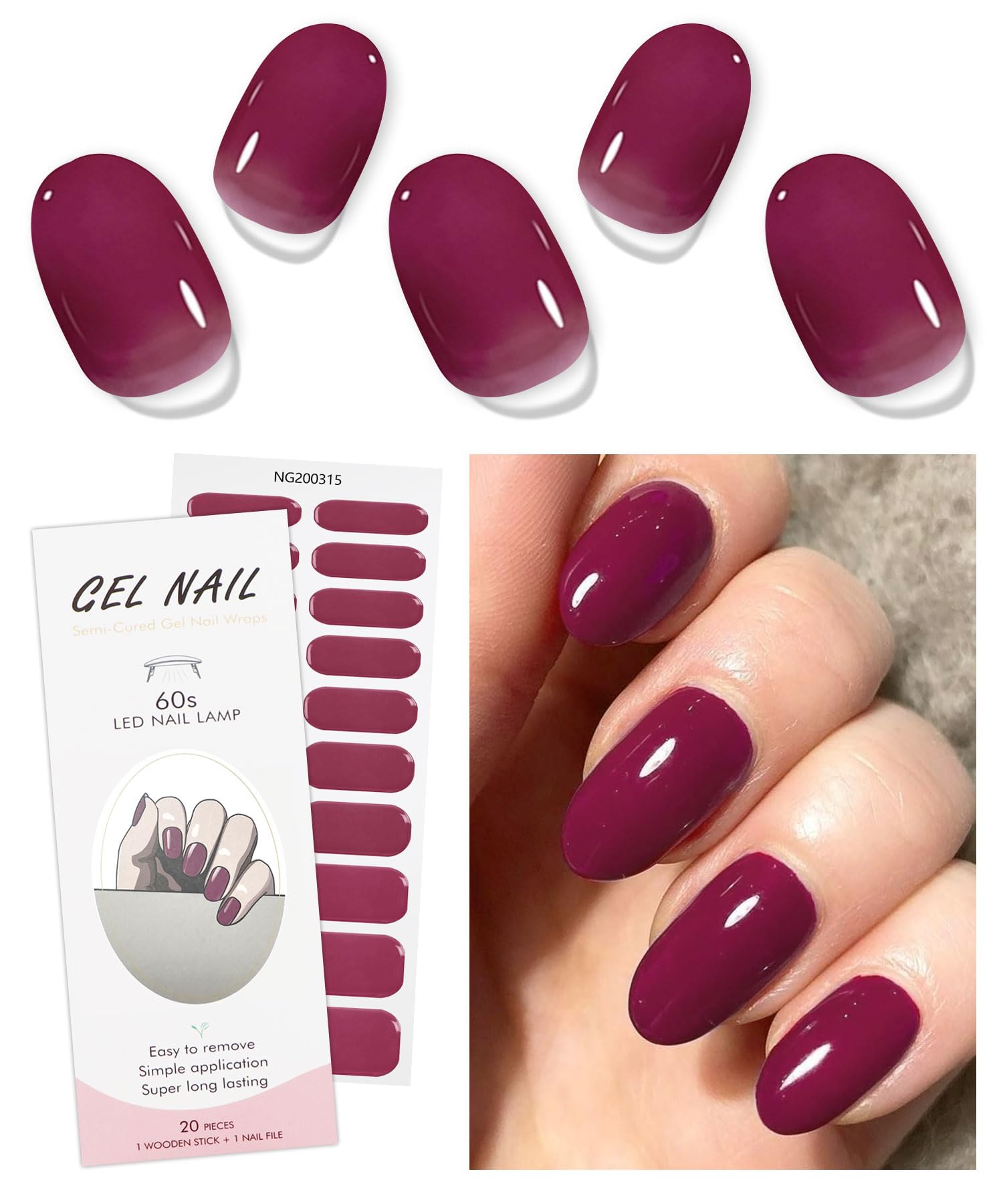 JMEOWIO Semi Cured Gel Nail Strips Deep Pink Gel Nail Stickers Nails Art Design Decoration Accessories