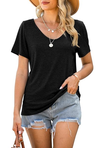 MICTICSI WOMENS T SHIRTS SHORT SLEEVE V NECK TOPS CASUAL BASIC TEES A BLACK SMALL