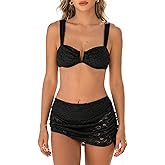 CUPSHE Bikini Sets for Women with Skirt Two Piece Swimsuit V Wire Underwire Push Up Bathing Suit Self Tie Mesh Ruched