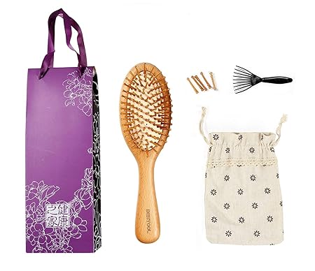 BESTOOL Professional Wooden Bamboo Paddle Hair Brush With Massage Cusion And Brush Cleaner Packed By Carry Bag
