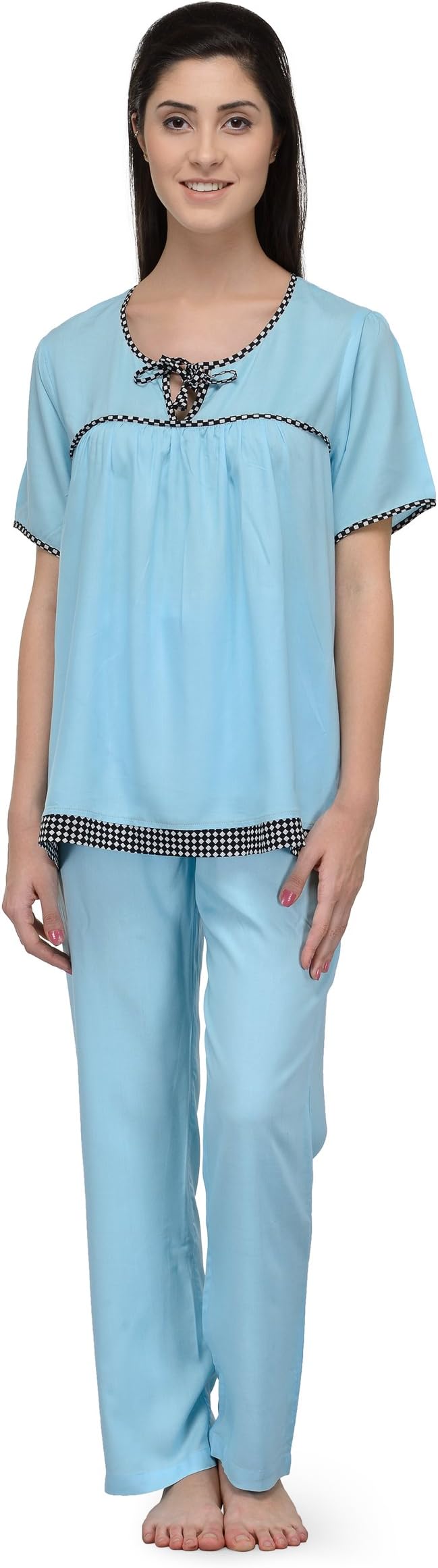 Patrorna Women's Cotton Blend Tops and Pyjama Set Night Dress (Light Blue, Size XS-10XL)