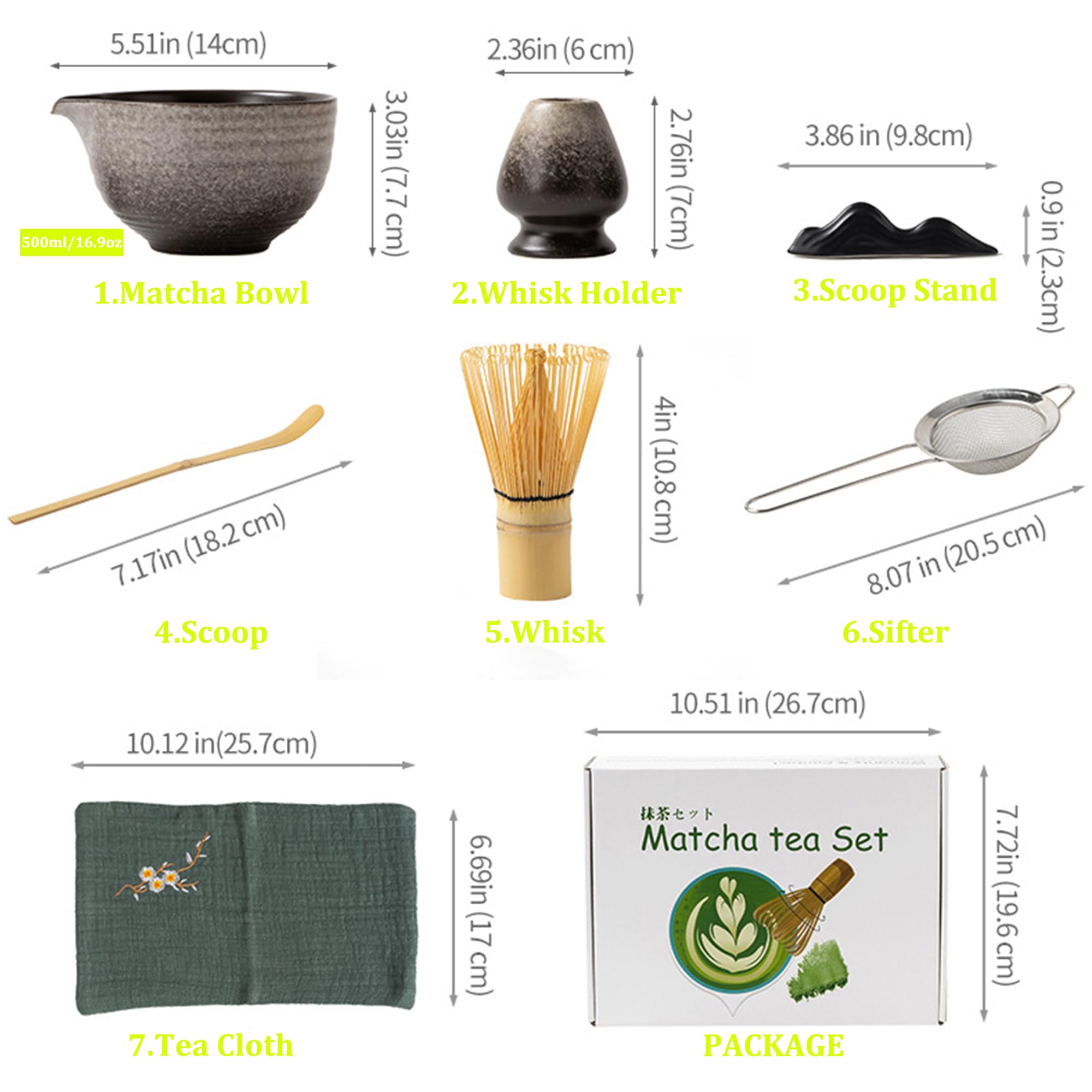 ​​Japanese Matcha Set 7pcs - Ceramic Bowl & Hyaku Hon Tachi Bamboo Whisk (Chasen), Chashaku Spoon, Strainer, Cloth - Traditional Tea Ceremony Kit​