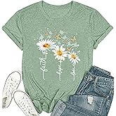 Women's Cute Christian Shirts,Daisy and Butterfly Print Faith T-Shirt Crewneck Short Sleeve Summer Tops Blouse