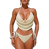 ZAFUL Womens Bikini Sets Mesh Drape Halter Top Deep V Starfish Metal Swimsuit Tie Side Two Piece Bathing Suits