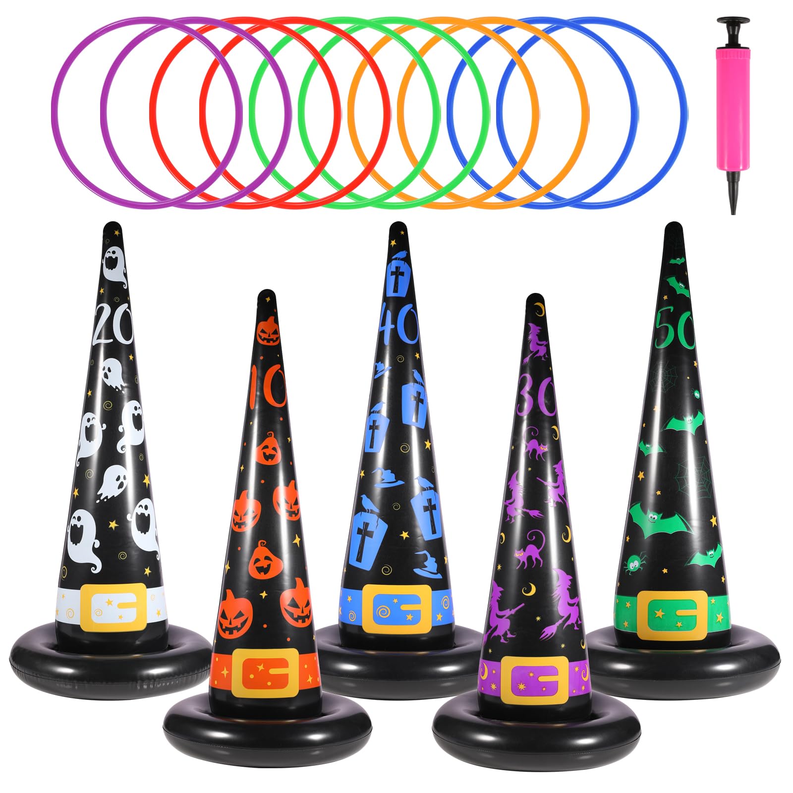 Photo 1 of Yeepoo Halloween Ring Toss Game Set, 5Pcs Inflatable Witch Hats with 10Pcs Colorful Plastic Rings and Air Pump for Halloween Party Games Super Fun Indoor Outdoor Party Supplies