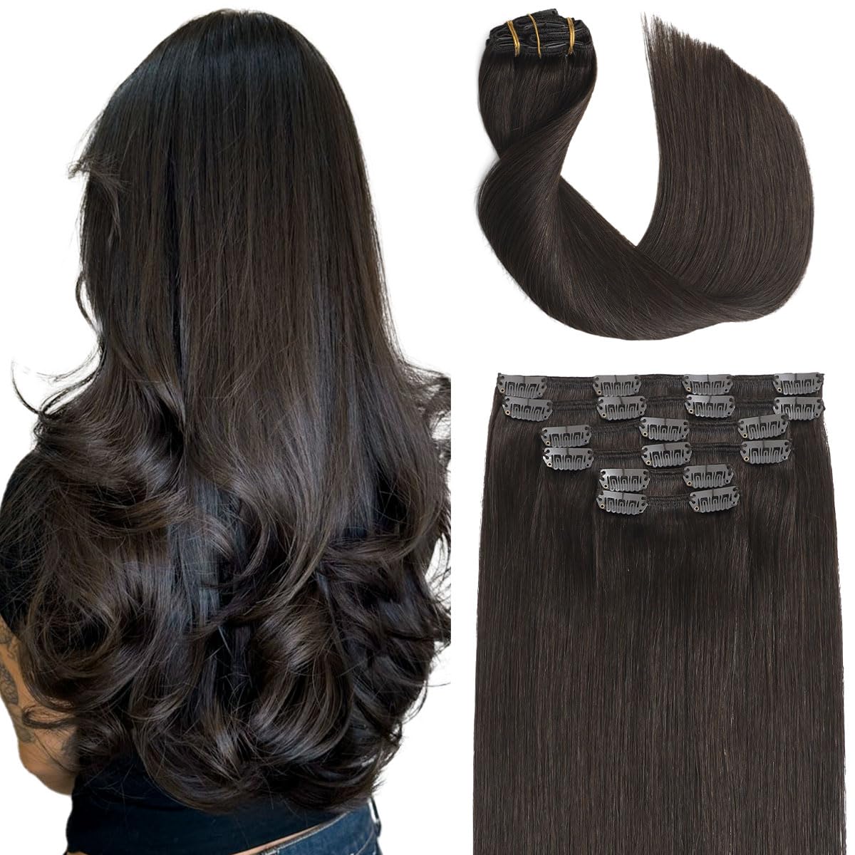 Sindra Clip In Hair Extensions-Dark Brown 16 Inch 100g 6pcs Double Weft Straight-Clip in Extensions Real Human Hair #2,16" — image 1