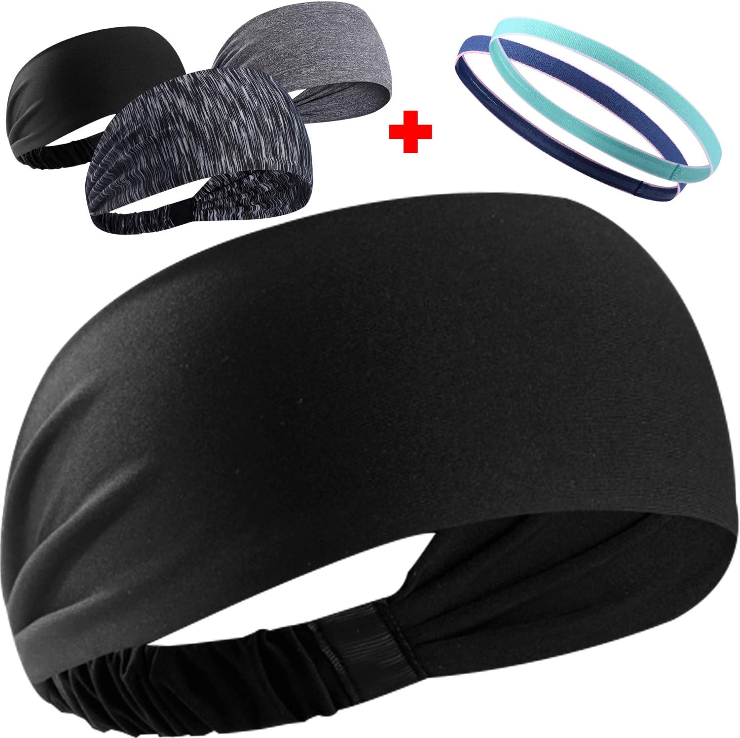 REIDAY Sports Headbands Set,Wide Sweatbands,Mini Headbands,Non-slip Bands,Moisture Wicking Athletic Sweatbands for Men and Women, Workout Headbands for Running,Yoga