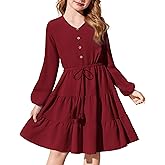 Arshiner Tween Girls Dresses Fall Long Sleeve V Neck Waist Tie Ruffle Tiered Swing Skater Dress