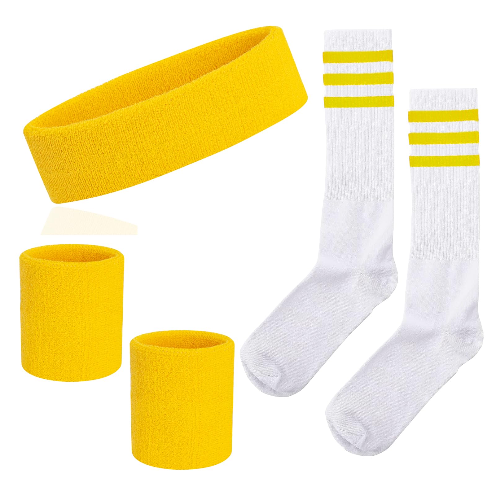 NANXJIUR 5 Pieces Sweatband Striped Sock Set Sports Headband Wristbands High Tube Socks 80s Accessories for Men Women 90s Costumes Theme Party Striped Sock Set (Yellow/White/Yellow)