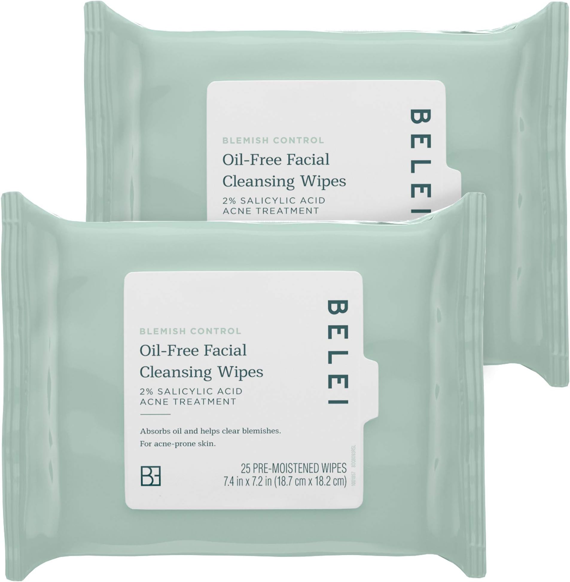 Belei by Amazon: Oil-Free Blemish Control Facial Cleansing Wipes, 2% Salicylic Acid Acne Treatment, Dermatologist Test, 25 Count (Pack of 2)