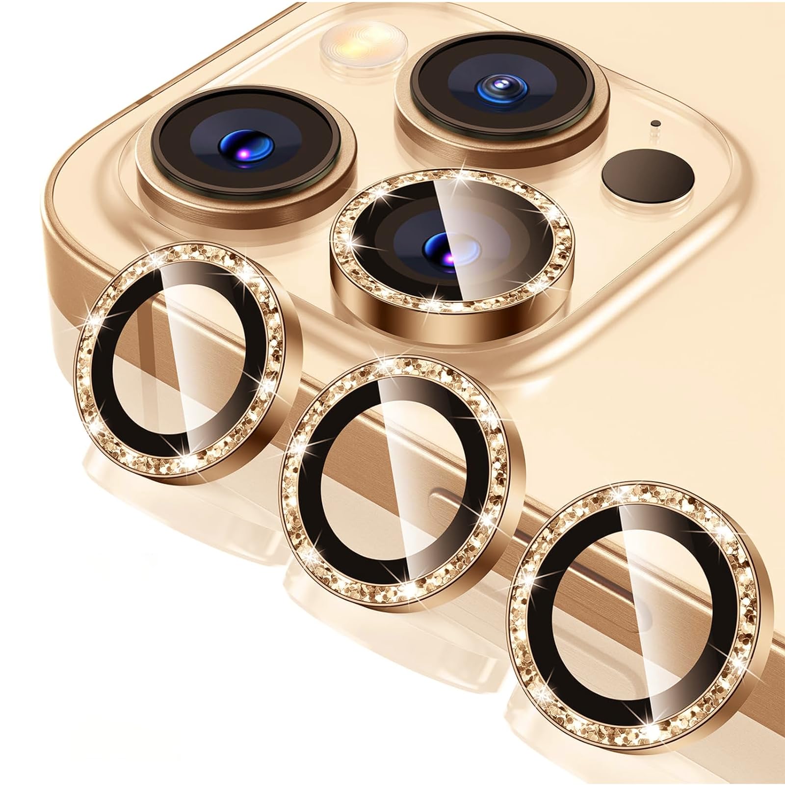 QiiSpark for iPhone 17 Pro/iPhone 17 Pro Max Camera Lens Protector Bling,9H Tempered Glass Camera Cover Screen Protector Metal Individual Ring Protector Decoration Accessories,2 Pack,Gold Glitter