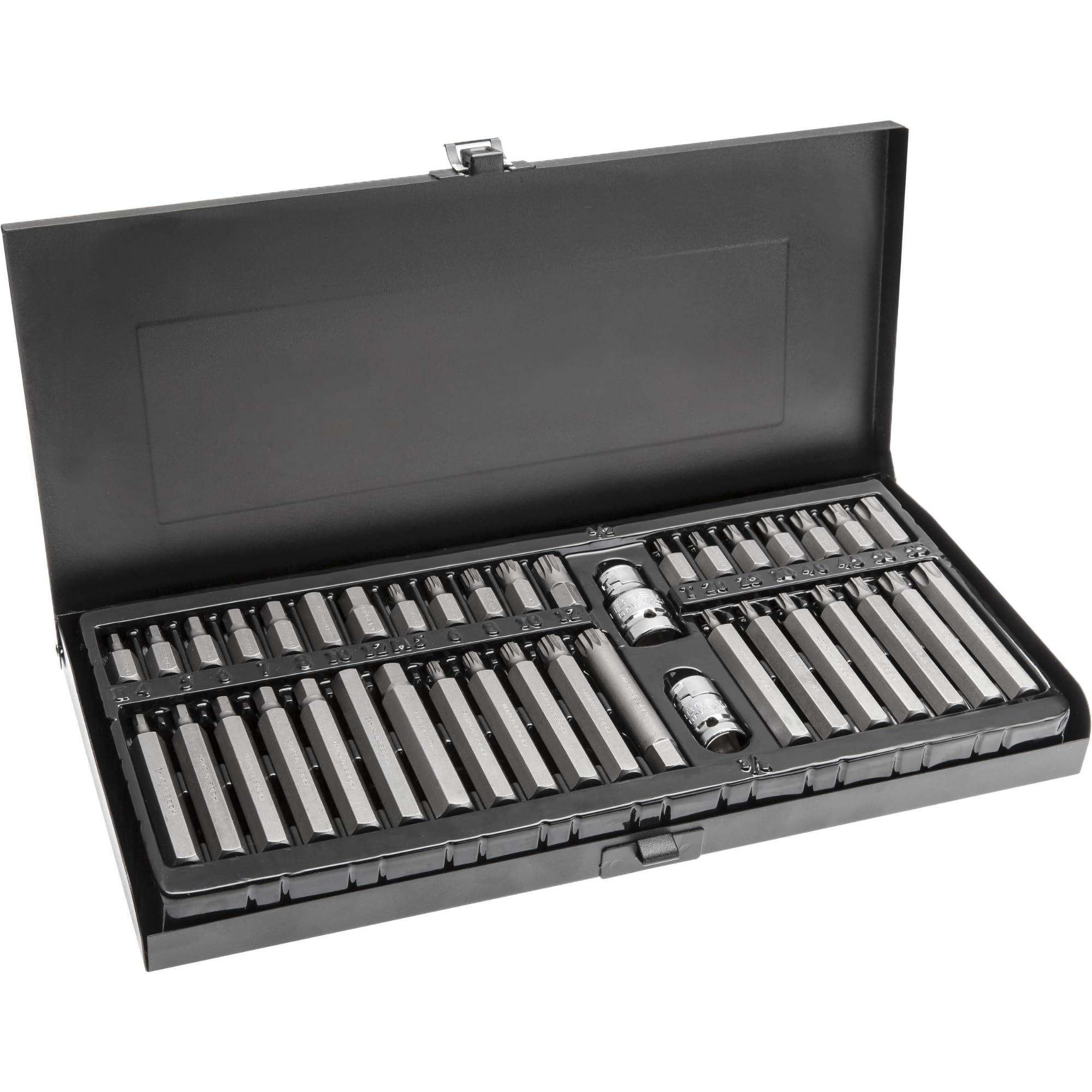 HÖGERT TECHNIK Bit Set 40 Pieces Torx Spline Hexagonal (30/75 mm) CRV Steel 10 mm Attachment 3/8 Inch & 1/2 Inch in Metal Box Screwdriver Bit Set Professional Quality