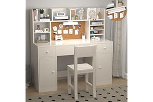 RUPOLX 48x20Inch Wooden Lvory White Kids Study Desk and Chair Set with Light, 3 Drawers and 4 Storage Cabinets, Children Desk with 4 Open Hutch and Shelves, Girls Study Desk for Kids Bedroom-005