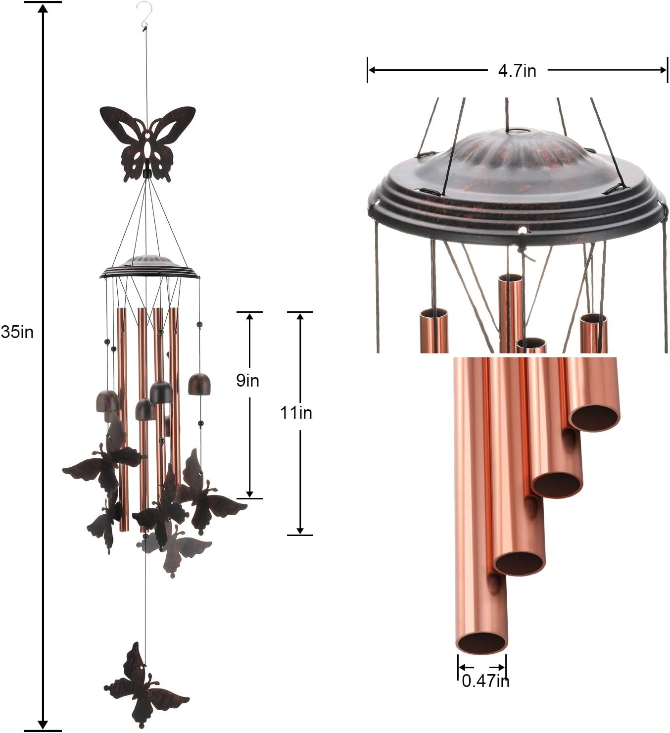 Gardenvy Butterfly Wind Chime, 35" Unique Metal Garden Chimes with 4 Aluminum Tubes for Mom Gifts for Grandma, Bronze : Garden & Outdoor