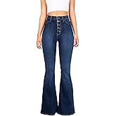 Vibrant Women’s Flare Denim Jeans – High Waisted Button Up Bell Bottom Stretch Classic Flared Pants