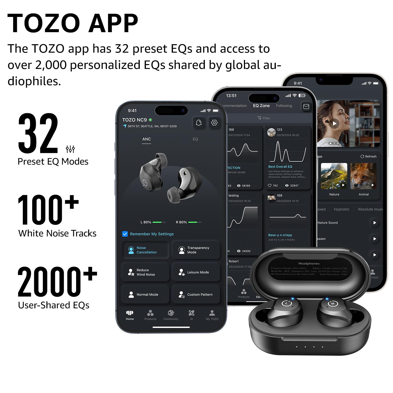 TOZO NC9 Hybrid Active Noise Cancelling Wireless Earbuds, in Ear Headphones IPX6 Waterproof Bluetooth 5.3 Stereo Earphones, Immersive Sound Premium Deep Bass Headset Matte Black. - Image 7