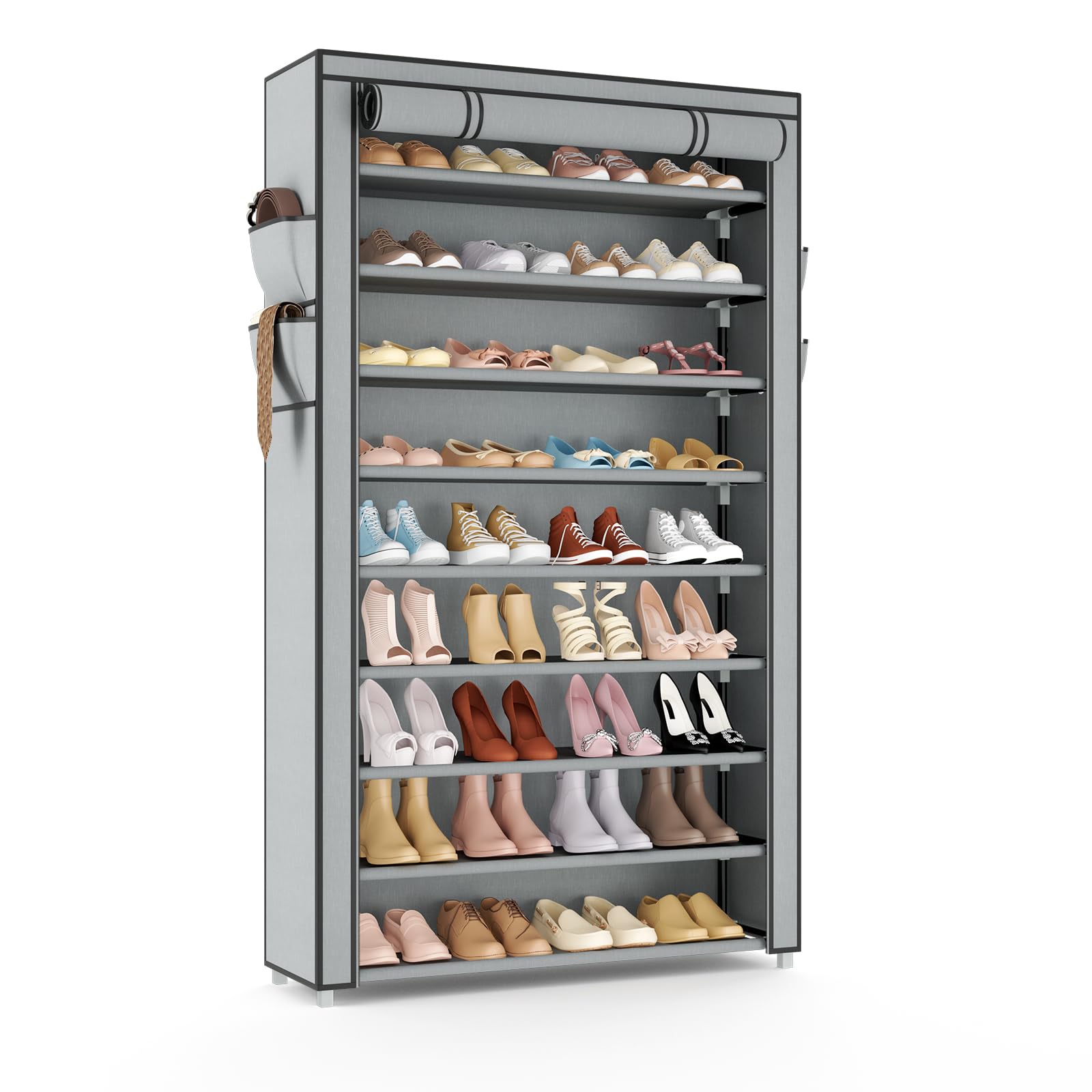 VILICK Shoe Rack with Cover Narrow Shoe Organizer with Pockets 10 Tier Tall Shoe Storage Holds 36-41 Pairs Shoes and Boots Shoe Rack for Closet Entryway Garage, Grey Image