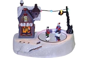 MerryPulse Ice Rink Christmas Village, Musical Animated Ice Hockey Rink Winter Snow Village Houses Indoor Decorations for Holiday Tabletop Displays