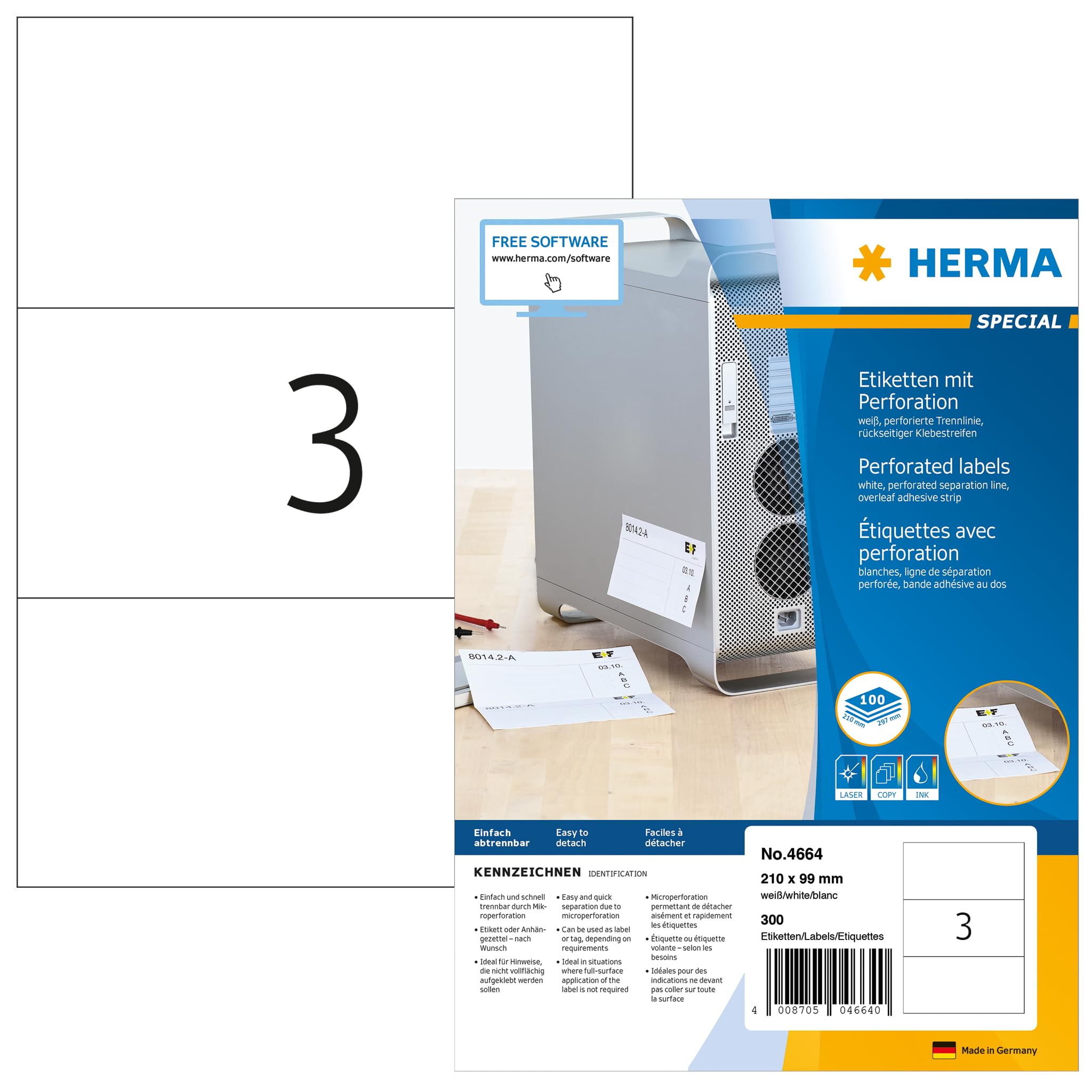HERMA Self Adhesive Perforated Labels, 3 Labels per A4 Sheet, 100 Sheets, 210 x 99 mm, 300 Labels, Blank Labels Stickers, Sticky Labels with Micro Perforation for Laser & Inkjet Printer, White